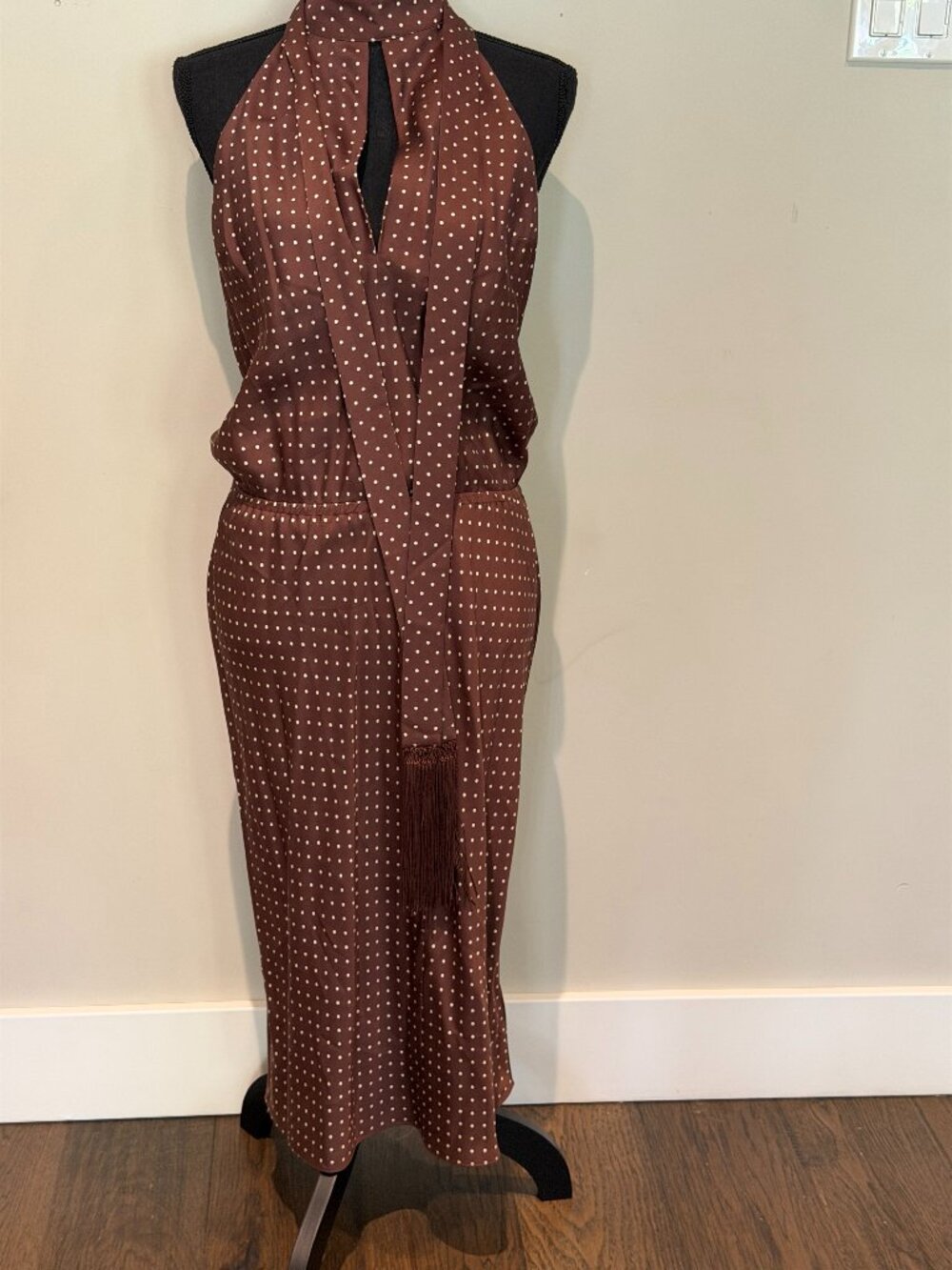 POSSE Rio Polka Dot Halter Midi Dress Brown Cream Size Small NWT